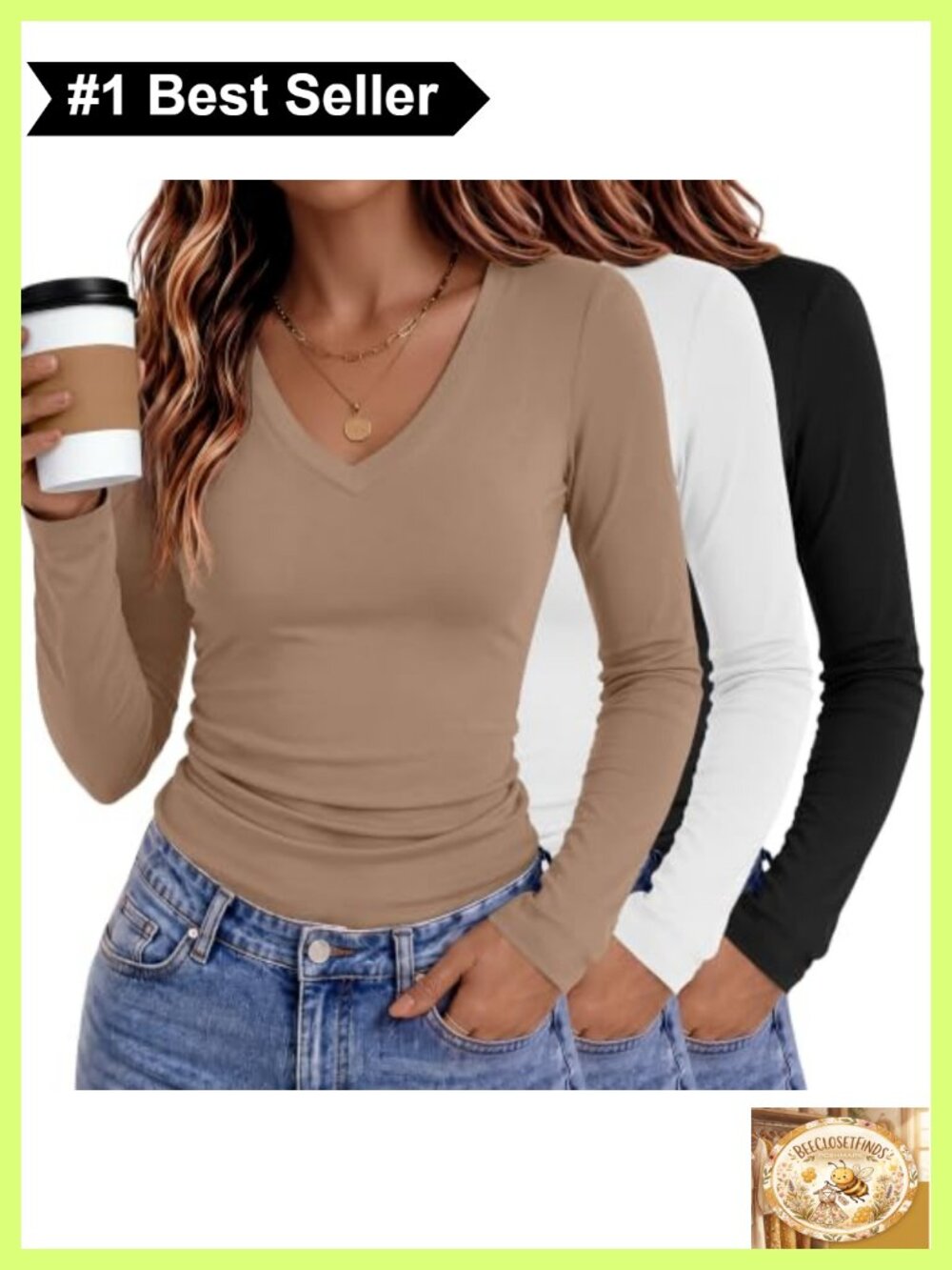 Women's V Neck Long Sleeve Slim Fit Tees 3 Pack Cotton Blend Casual Tops